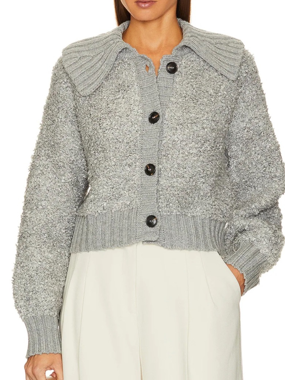 L'Academie Light Grey Bouclé Button-Front Teddy Jacket